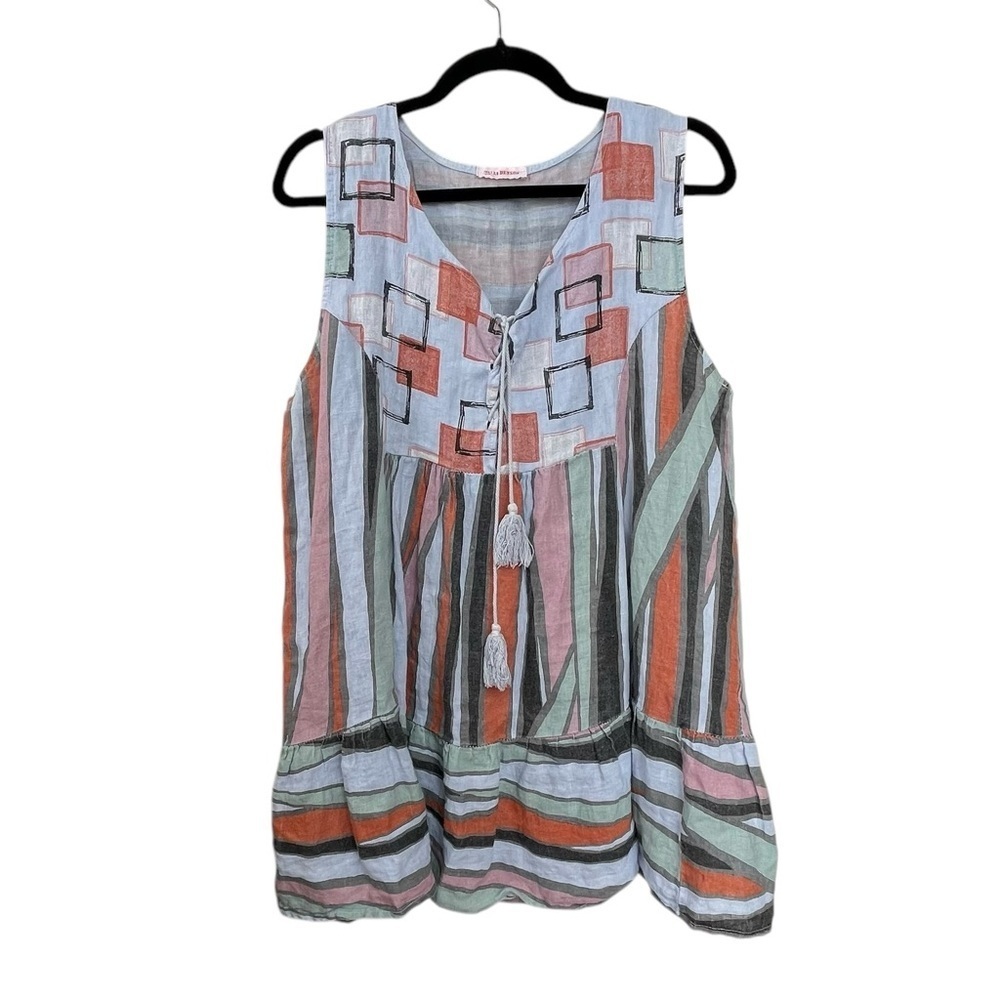 TALIA BENSON Italy Linen Sleeveless Oversized Tunic Blouse Print Blue XL